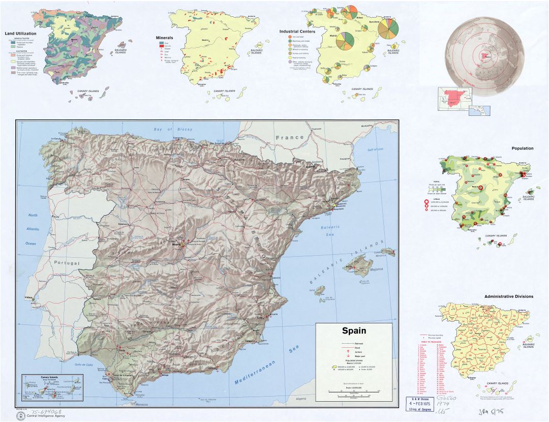 A gran escala mapa de perfil de país de España - 1974