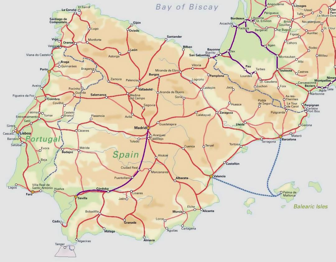 Detallado mapa de ferrocarriles de España y Portugal