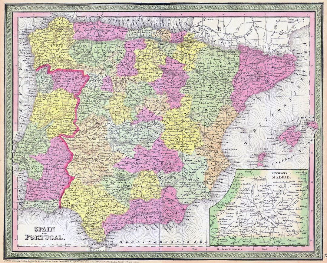 Grande detallado antiguo mapa político y administrativo de España y Portugal con carreteras y ciudades - 1850