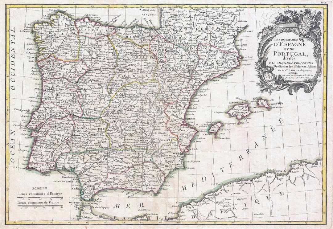 Grande detallado antiguo mapa político y administrativo de España y Portugal con ciudades - 1775