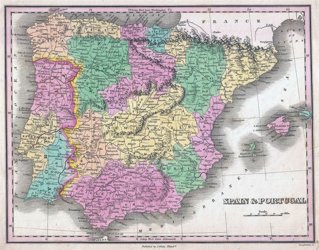 Grande detallado antiguo mapa político y administrativo de España y Portugal con ciudades - 1827