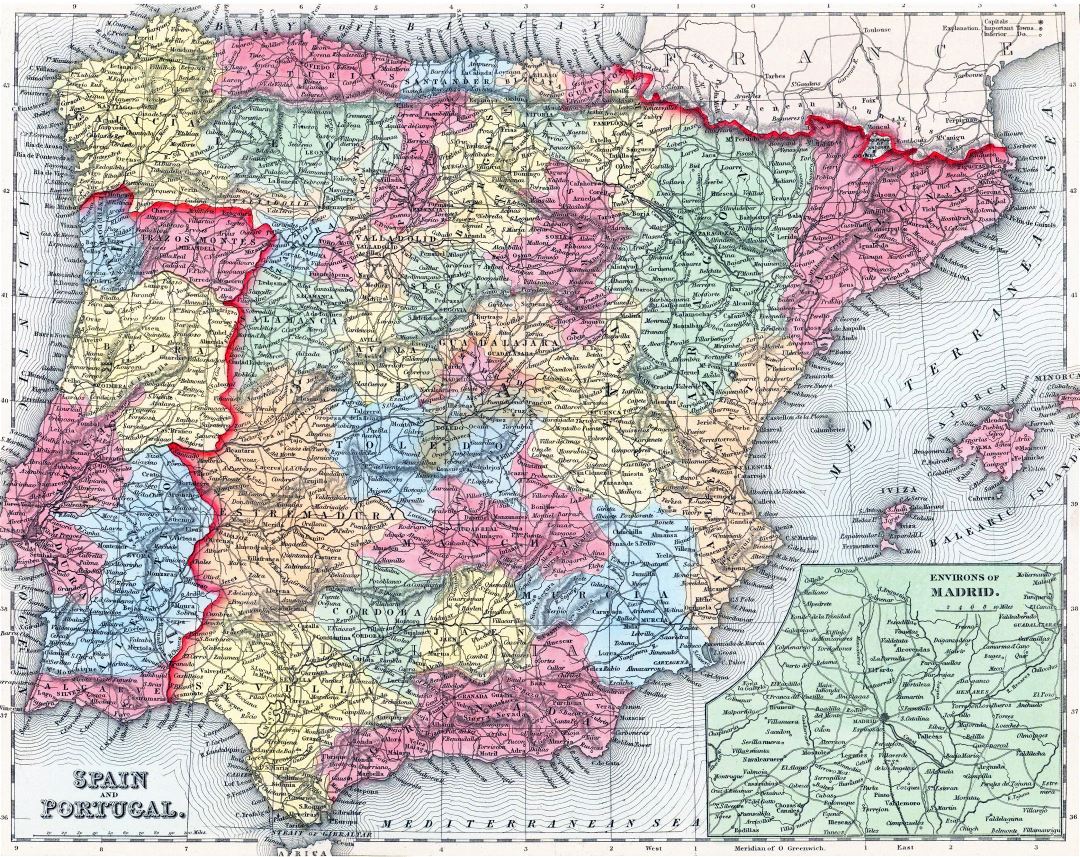 Grande detallado antiguo mapa político y administrativo de España y Portugal con relieve, carreteras y ciudades - 1857