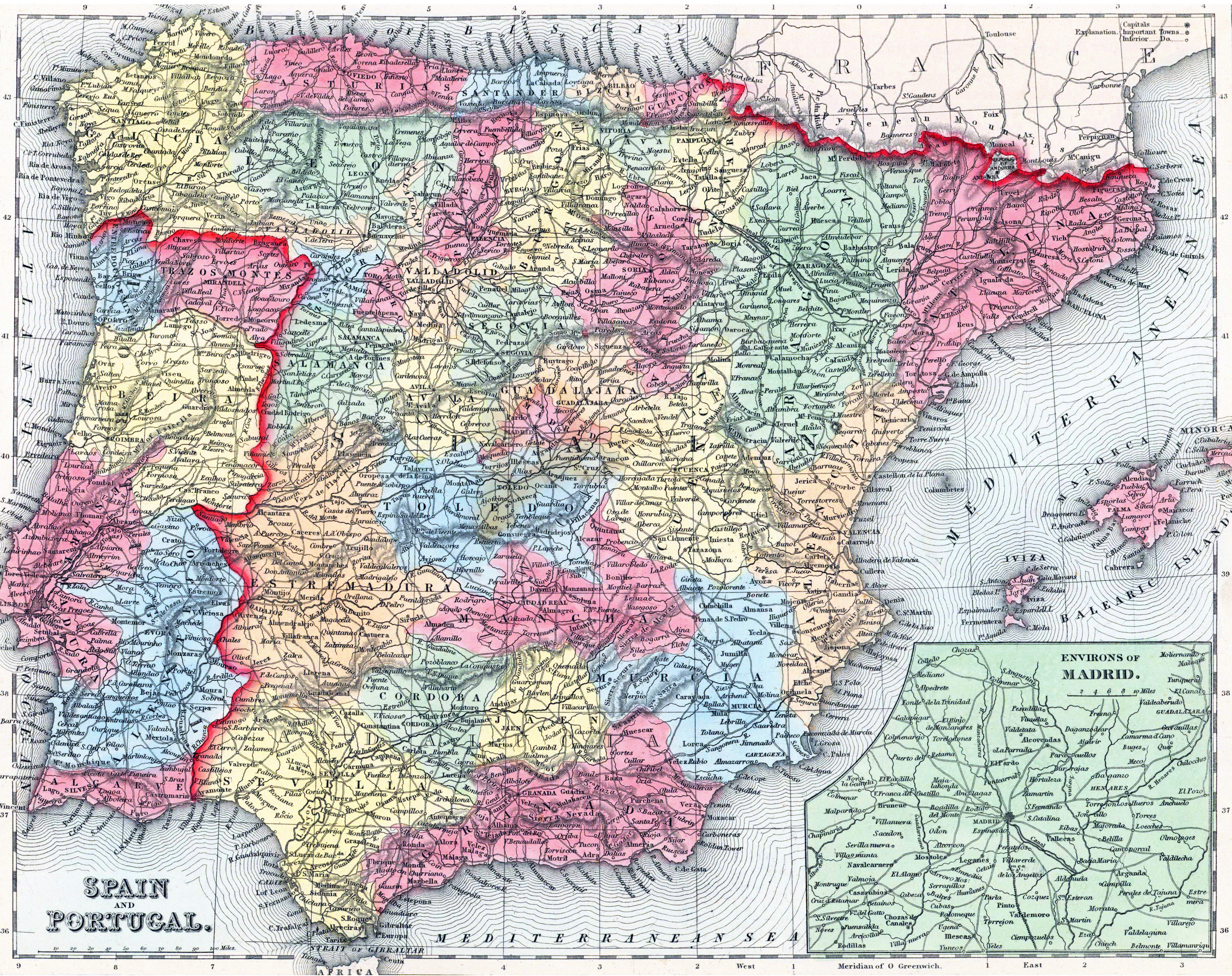 Grande detallado mapa físico de España y Portugal con carreteras, ciudades  y aeropuertos, España, Europa