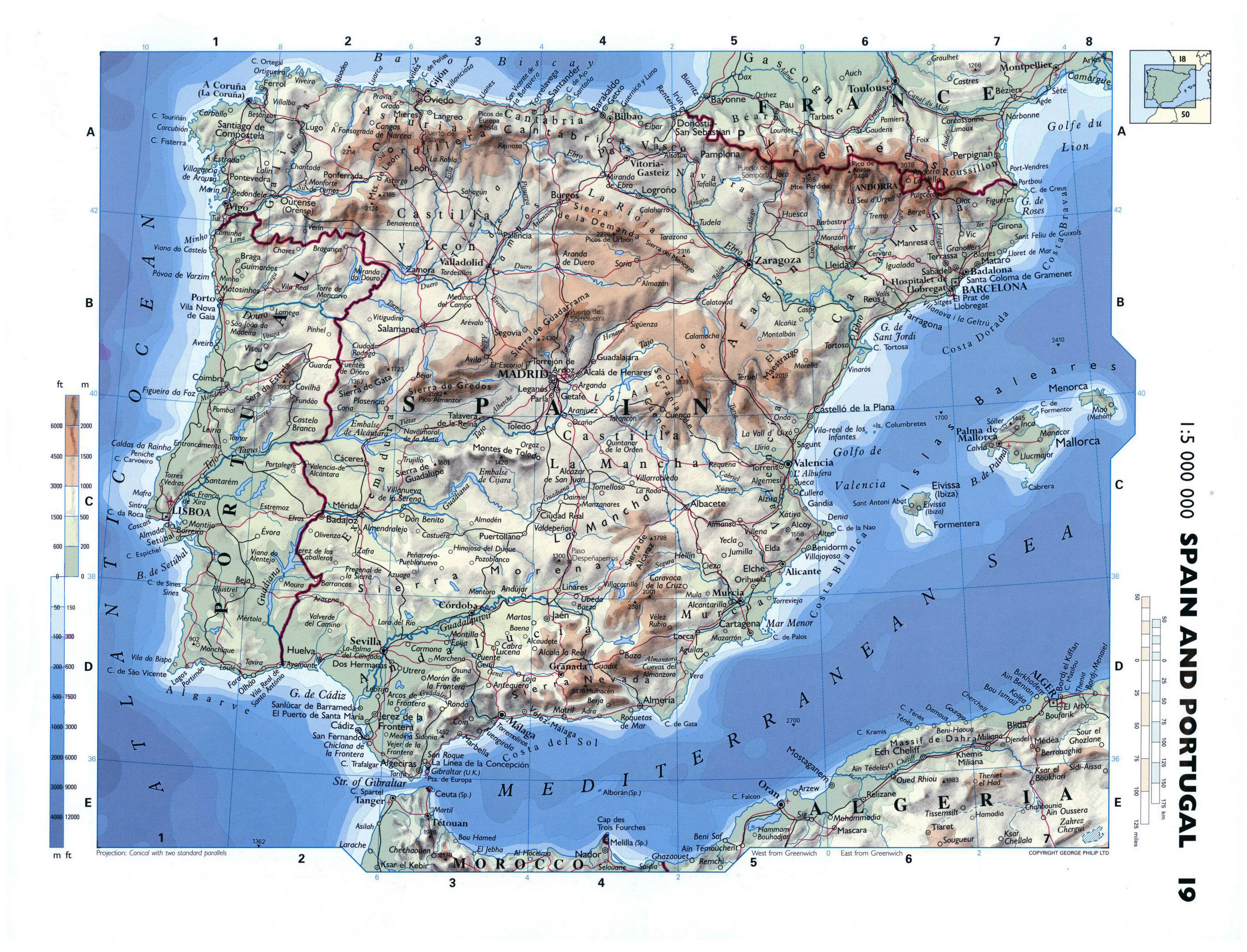 Grande detallado mapa físico de España y Portugal con carreteras, ciudades  y aeropuertos, España, Europa