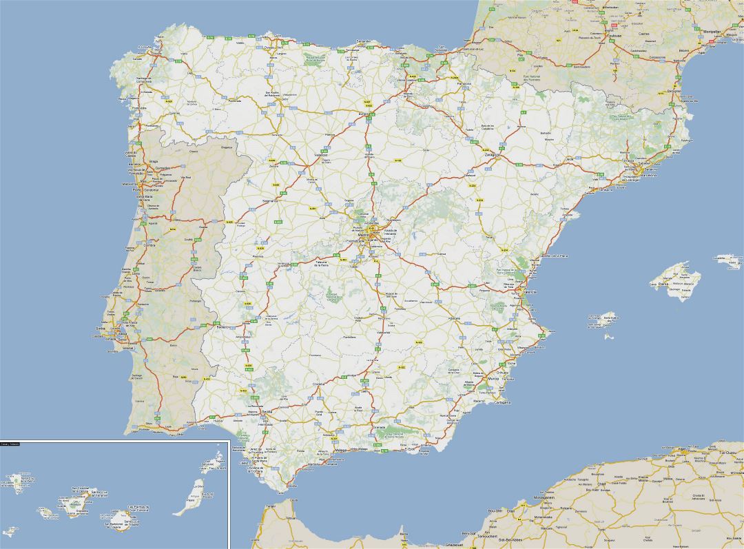 Grande hoja de ruta de España con ciudades