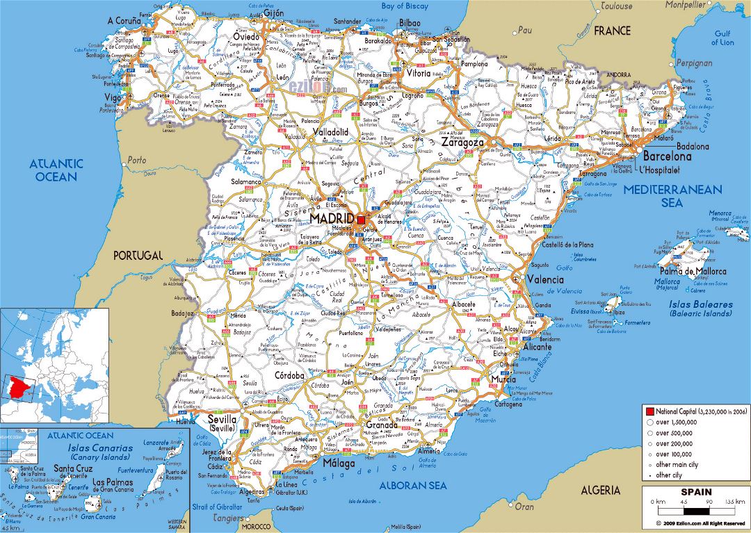 Grande hoja de ruta de España con ciudades y aeropuertos