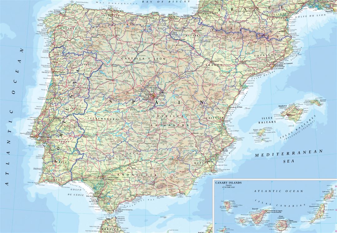 Grande hoja de ruta de España y Portugal con ciudades y aeropuertos
