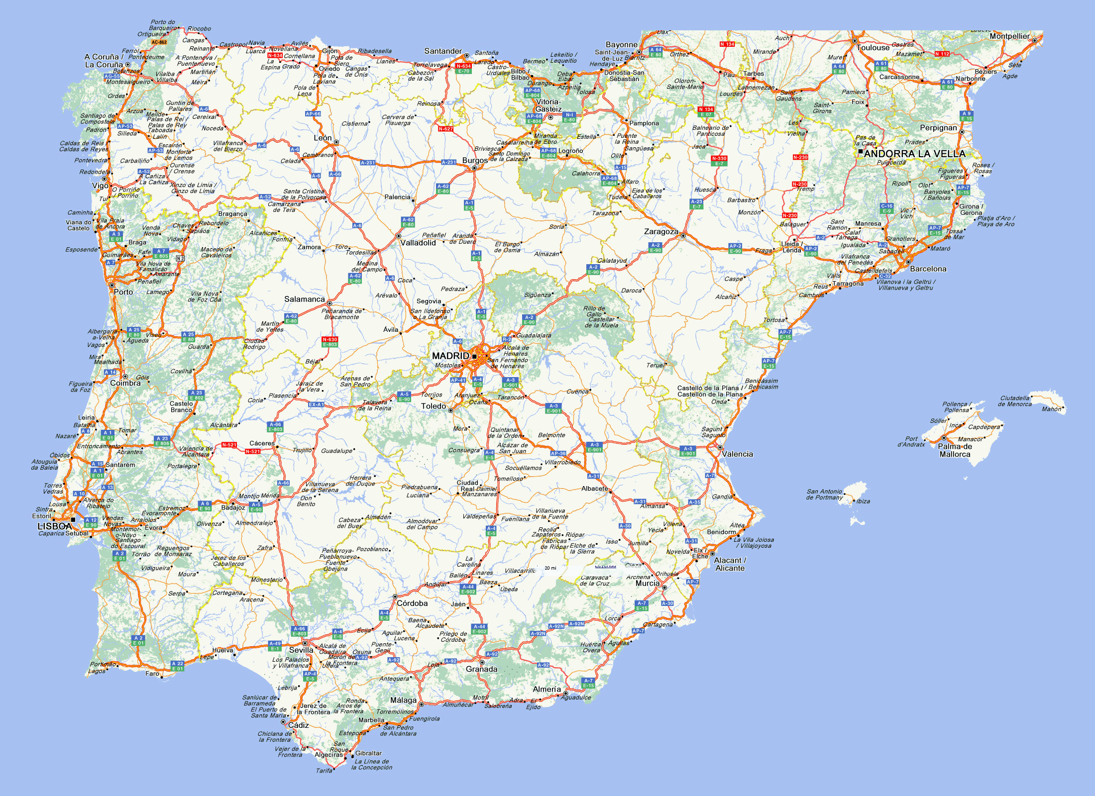 Grande detallado mapa físico de España y Portugal con carreteras, ciudades  y aeropuertos, España, Europa