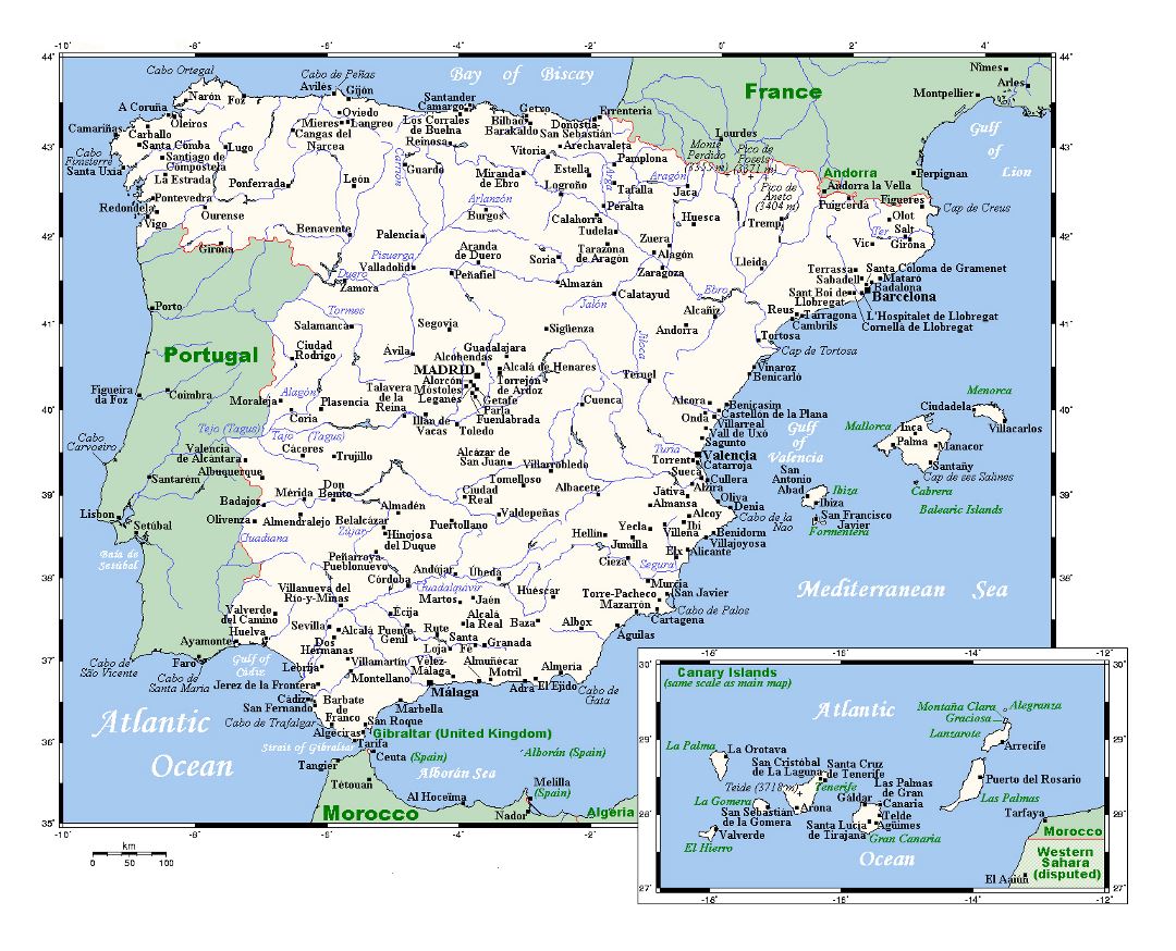 Grande mapa de España con principales ciudades