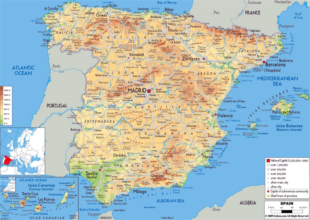 Grande mapa físico de España con carreteras, ciudades y aeropuertos