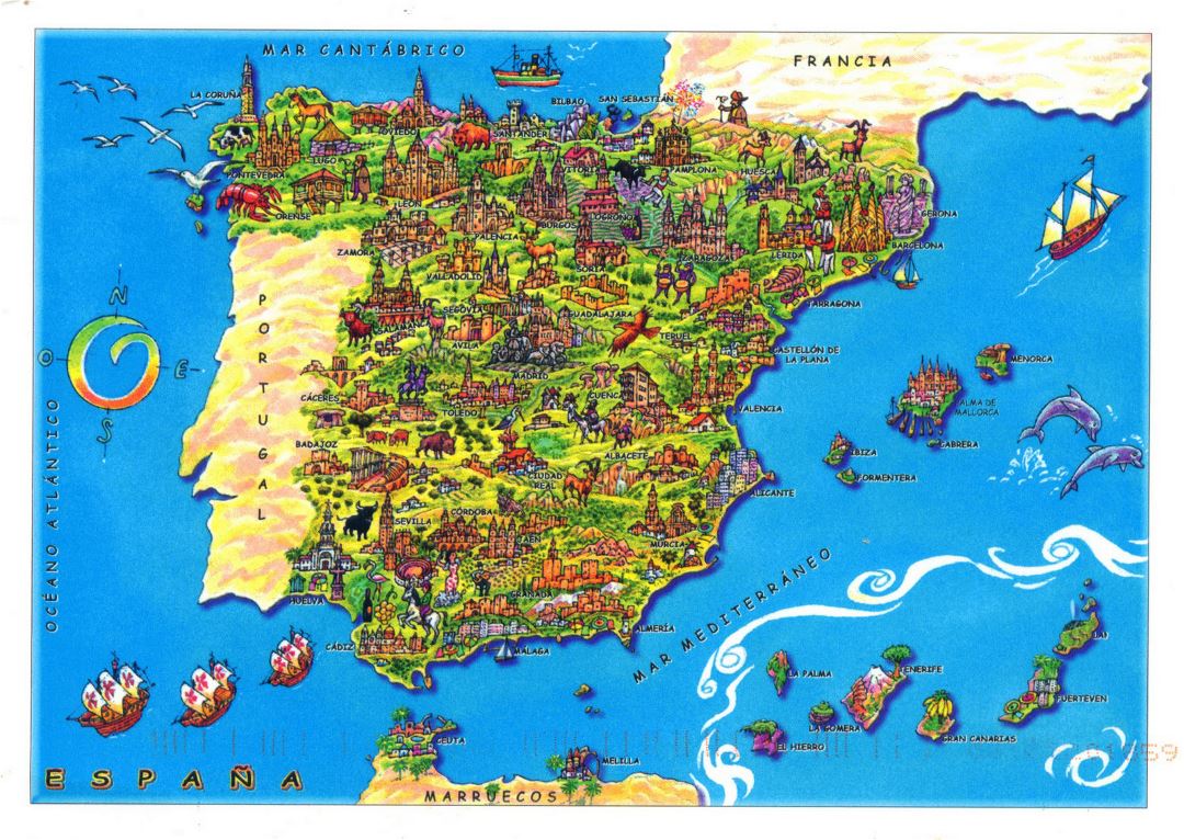 Grande mapa ilustrado turístico de España