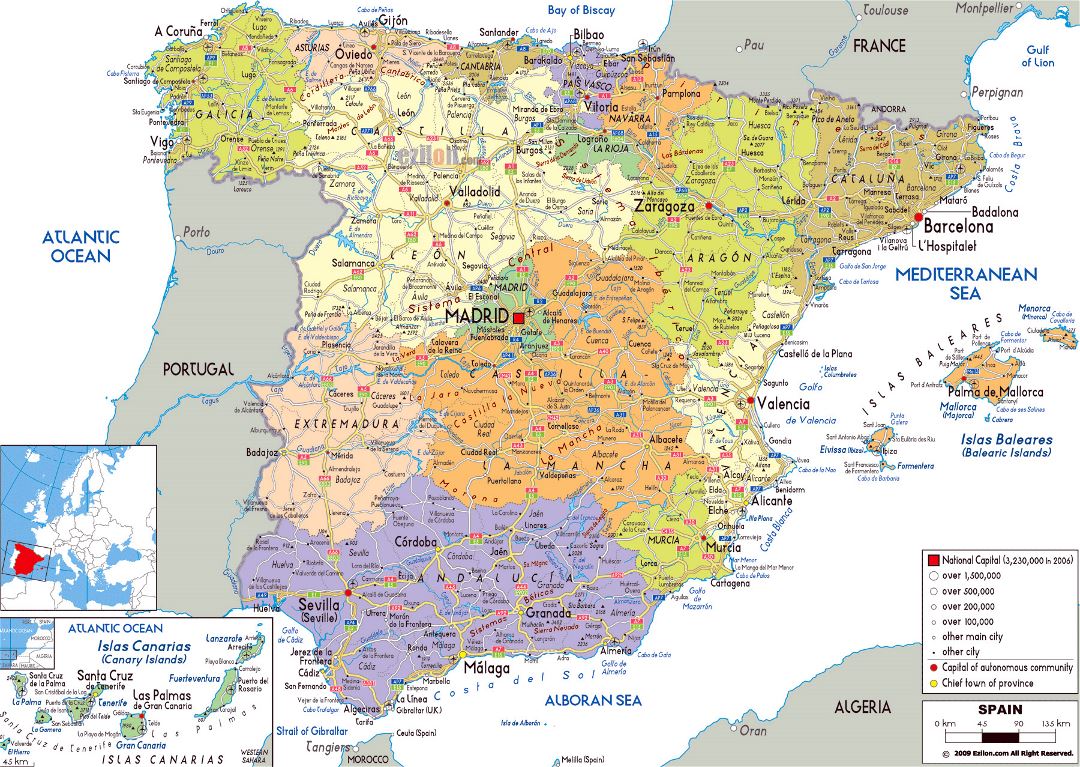 Grande mapa político y administrativo de España con carreteras, ciudades y aeropuertos