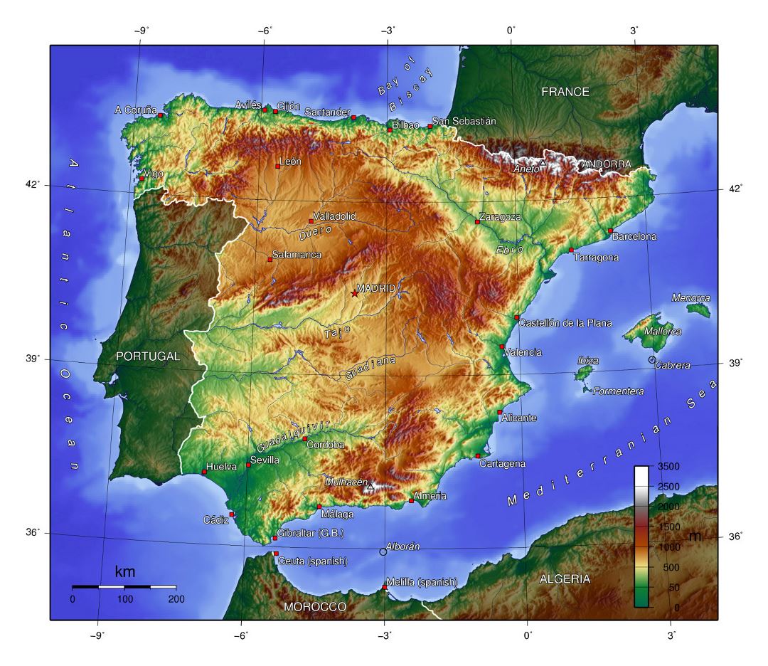 Grande mapa topográfico de España