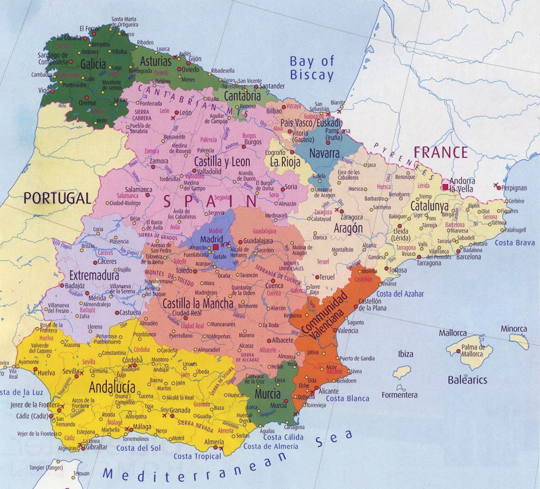 Mapa administrativo de España con principales ciudades