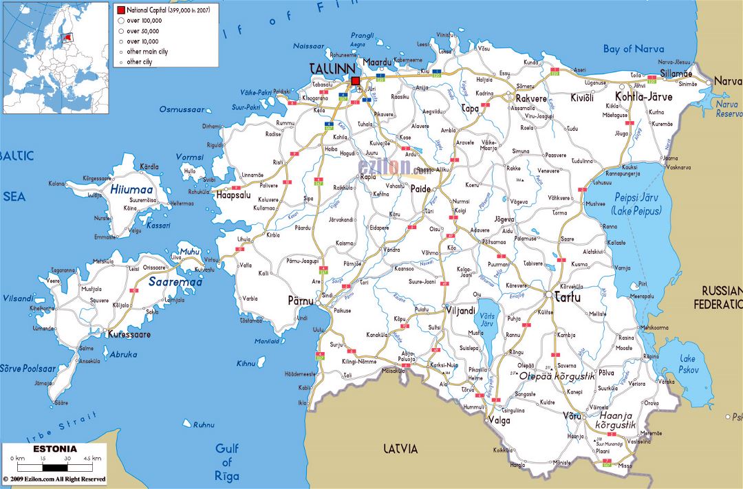 Gran hoja de ruta de Estonia con las ciudades y aeropuertos