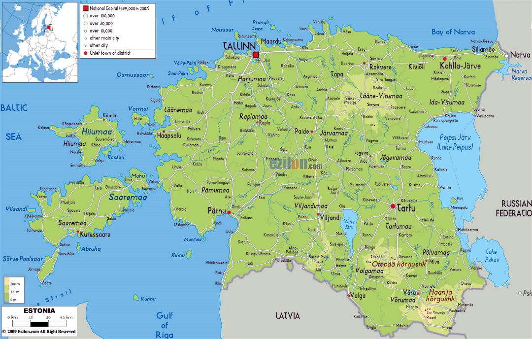 Mapa físico grande de Estonia con carreteras, ciudades y aeropuertos