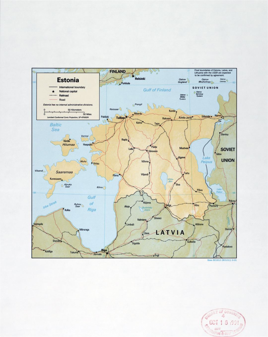 Mapa grande detalle político de Estonia, con alivio, marcas de ciudades grandes, carreteras y ferrocarriles - 1991