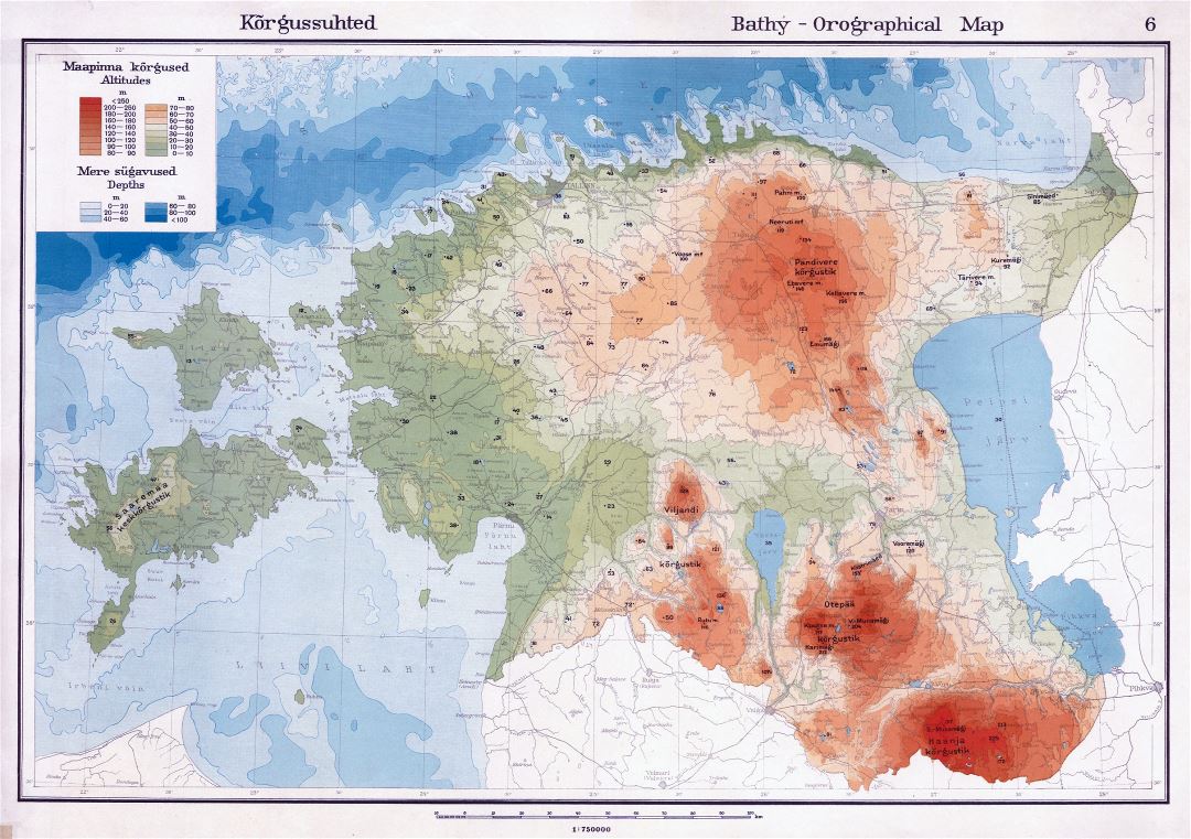 Mapa grande elevación vieja de Estonia