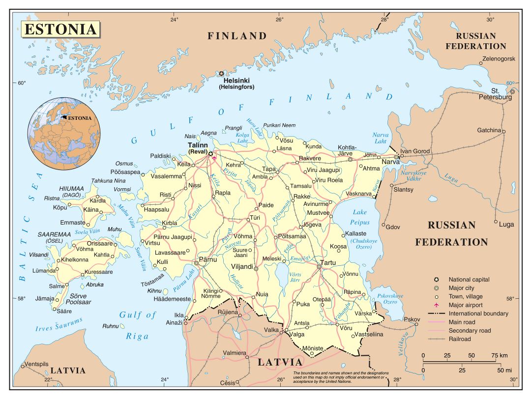 Mapa grande política detallada de Estonia con carreteras, ferrocarriles, aeropuertos y ciudades