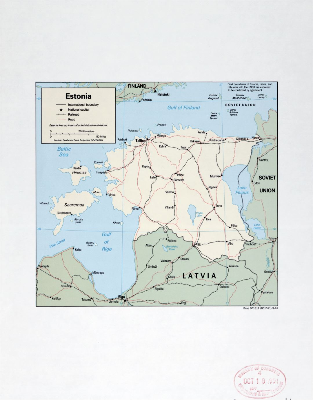 Mapa grande político detalle de Estonia con marcas de ciudades grandes, carreteras y ferrocarriles - 1991