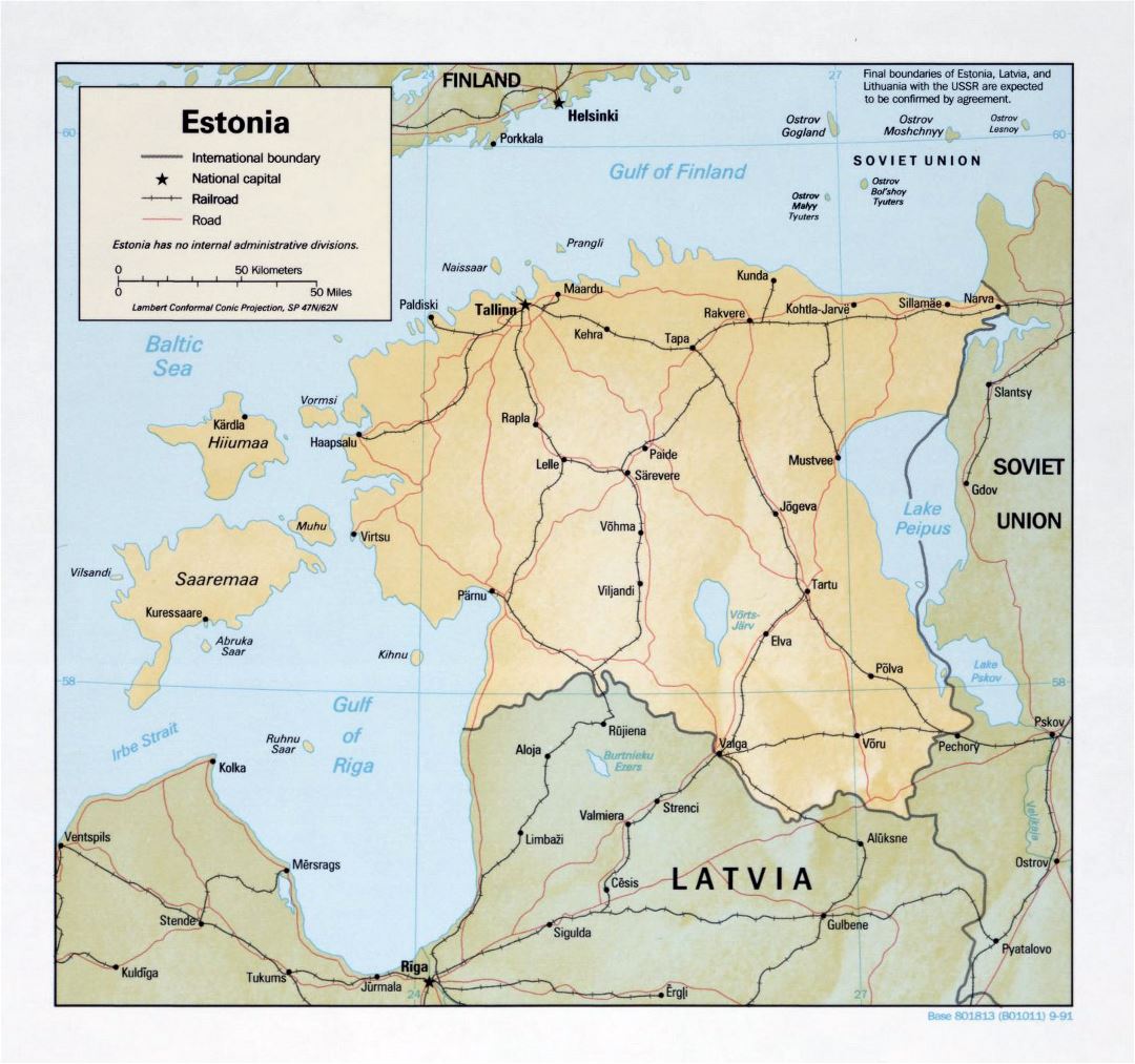 Mapa político grande de Estonia con alivio, carreteras, vías férreas y las principales ciudades - 1991