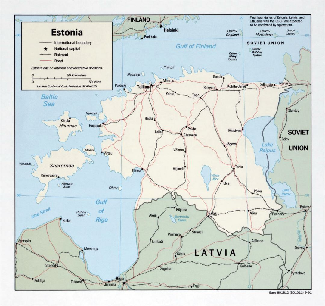 Mapa político grande de Estonia con carreteras, ferrocarriles y las principales ciudades - 1991