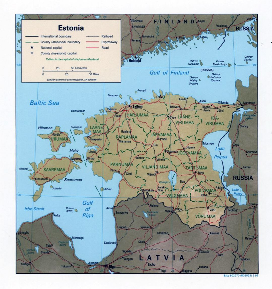 Mapa político y administrativo grande de Estonia con alivio - 1999