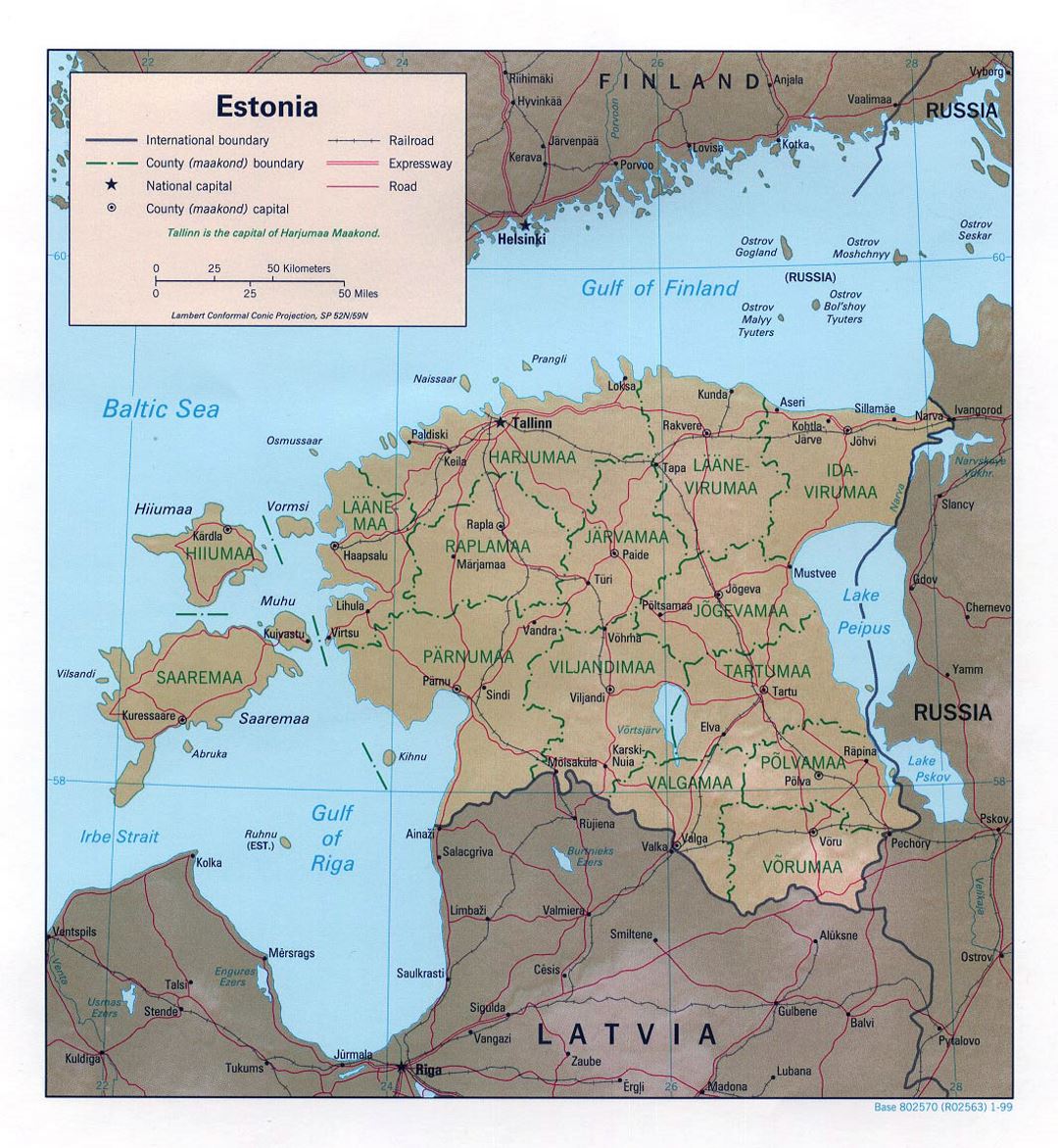 Mapa político y administrativo grande de Estonia con alivio, las carreteras y las principales ciudades - 1999