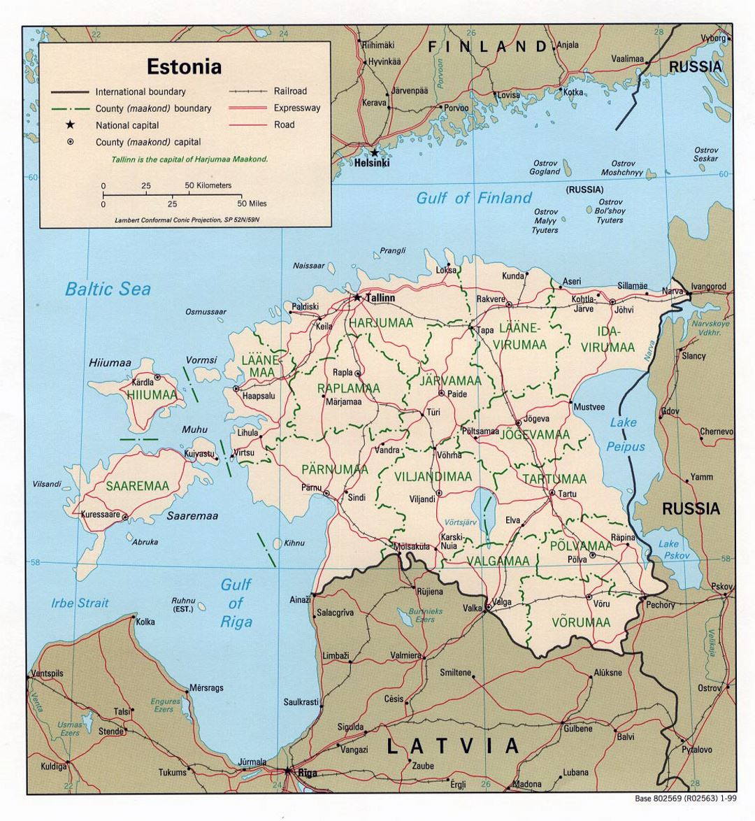 Mapa político y administrativo grande de Estonia con las carreteras y las principales ciudades -1999