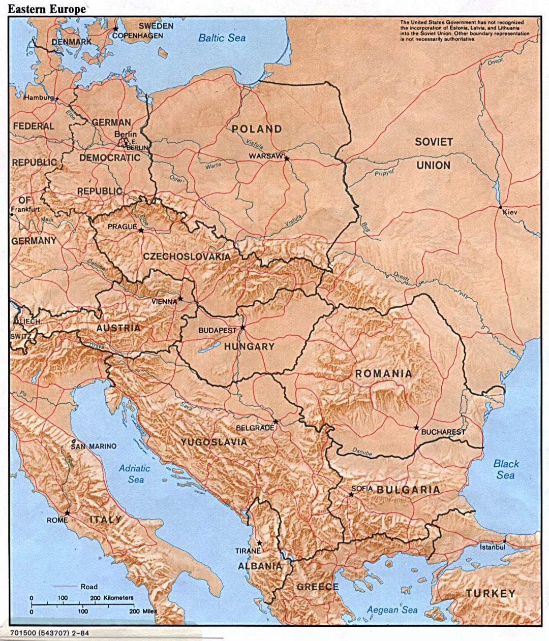 Mapa político detallado de Europa del Este con alivio - 1984