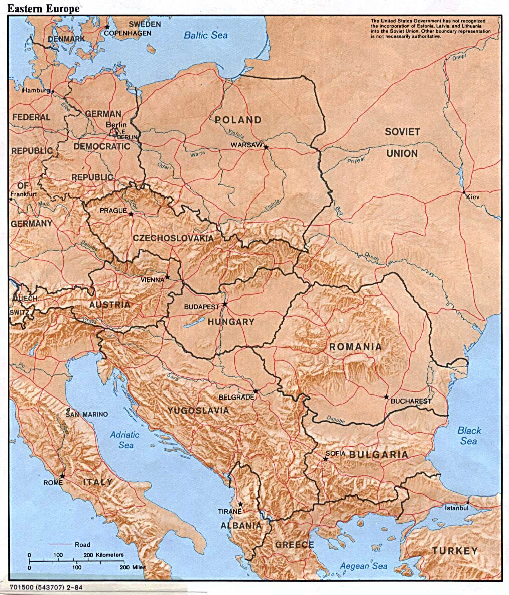 Mapa político detallado de Europa del Este con alivio - 1984 | Europa
