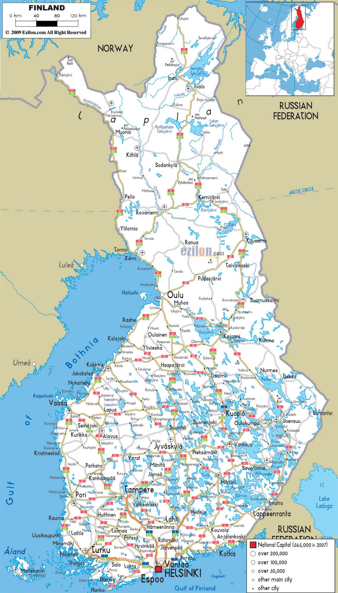 Gran hoja de ruta de Finlandia con las ciudades y aeropuertos