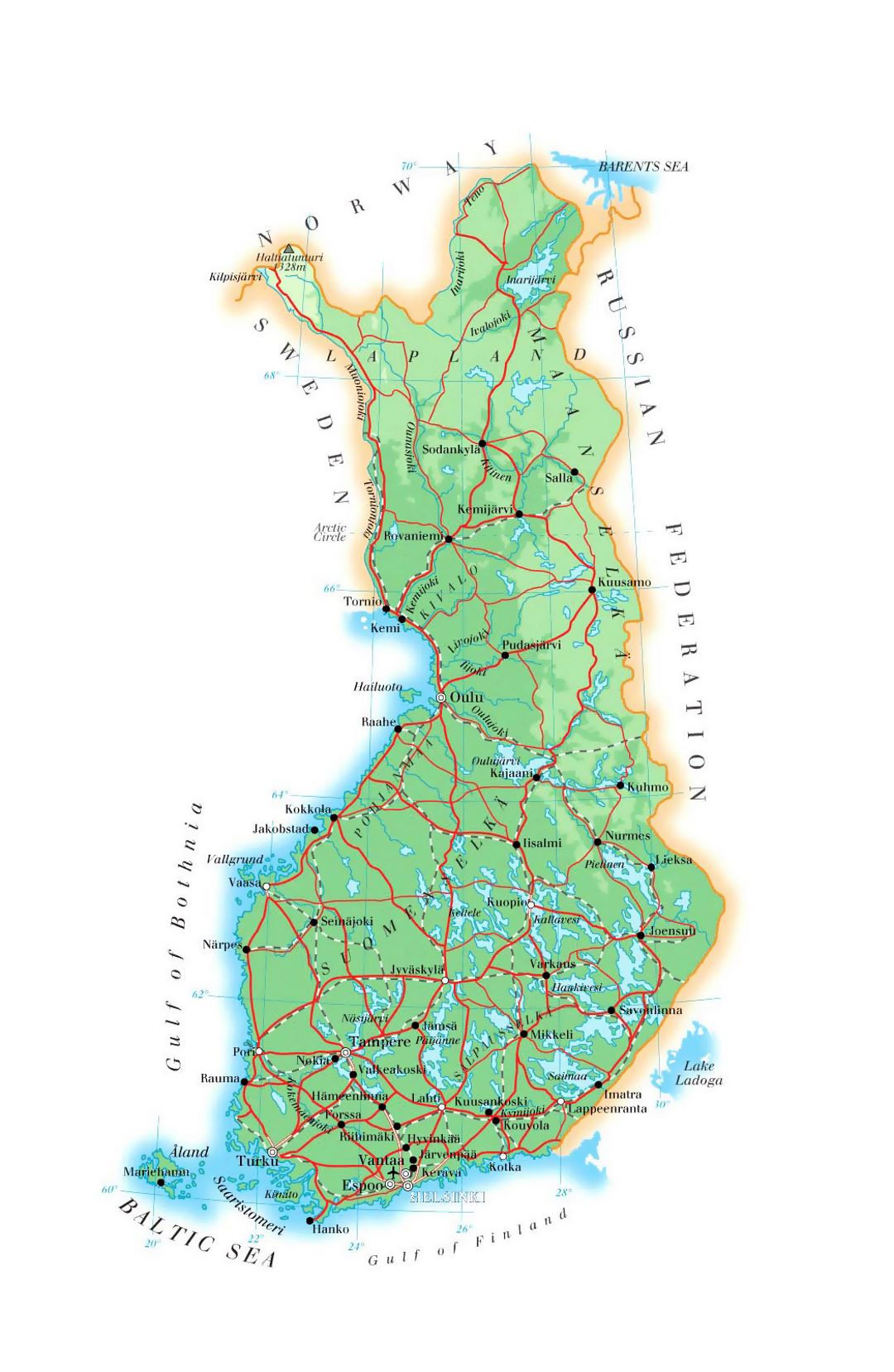 Mapa de elevación de Finlandia con carreteras, ciudades y aeropuertos