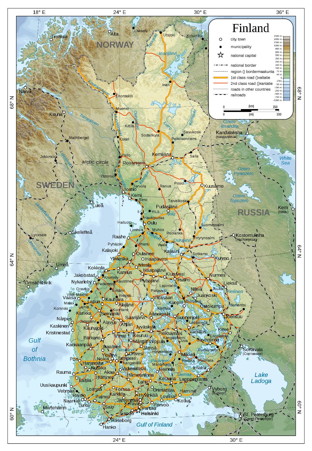 Mapa físico detallado grande de Finlandia con carreteras, ferrocarriles y ciudades