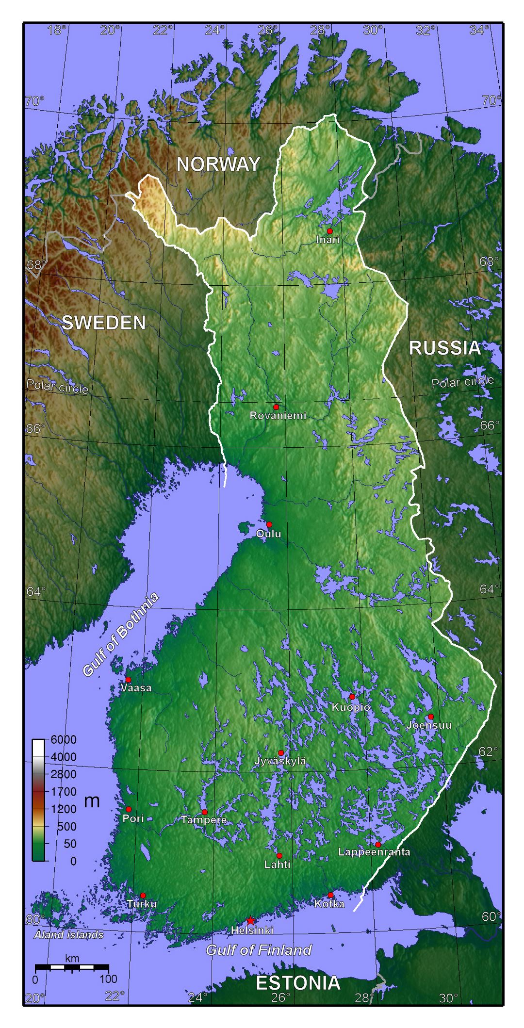 Mapa físico detallado grande de Finlandia