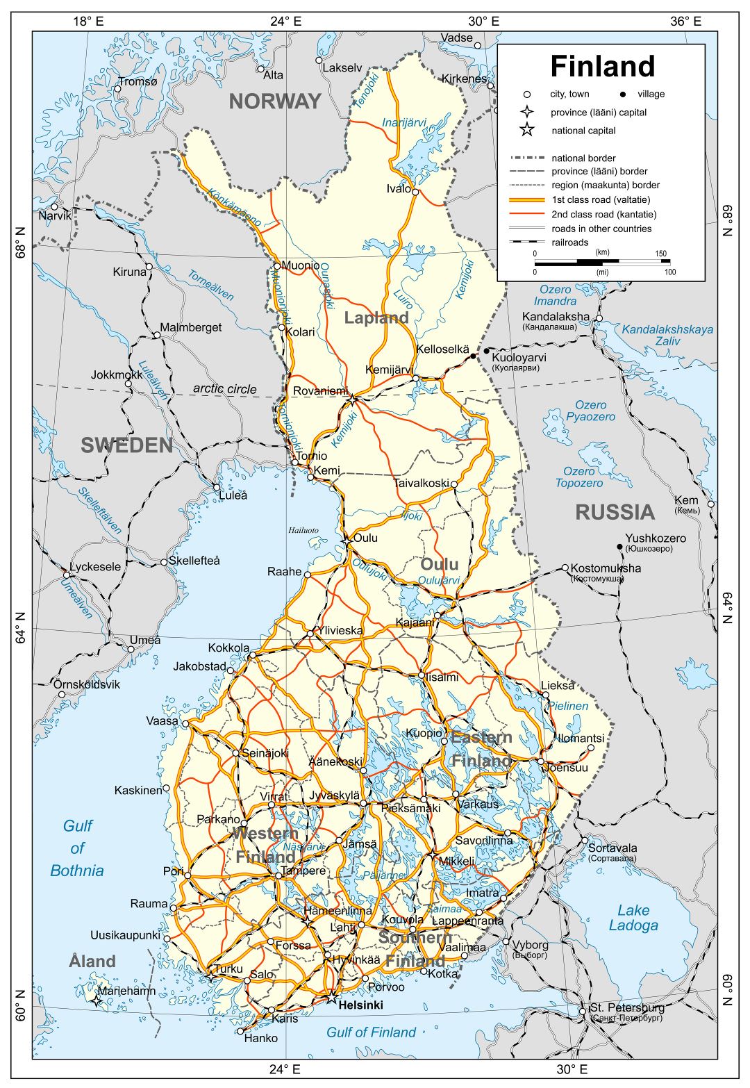 Mapa grande detallada política de Finlandia con carreteras, ferrocarriles y ciudades