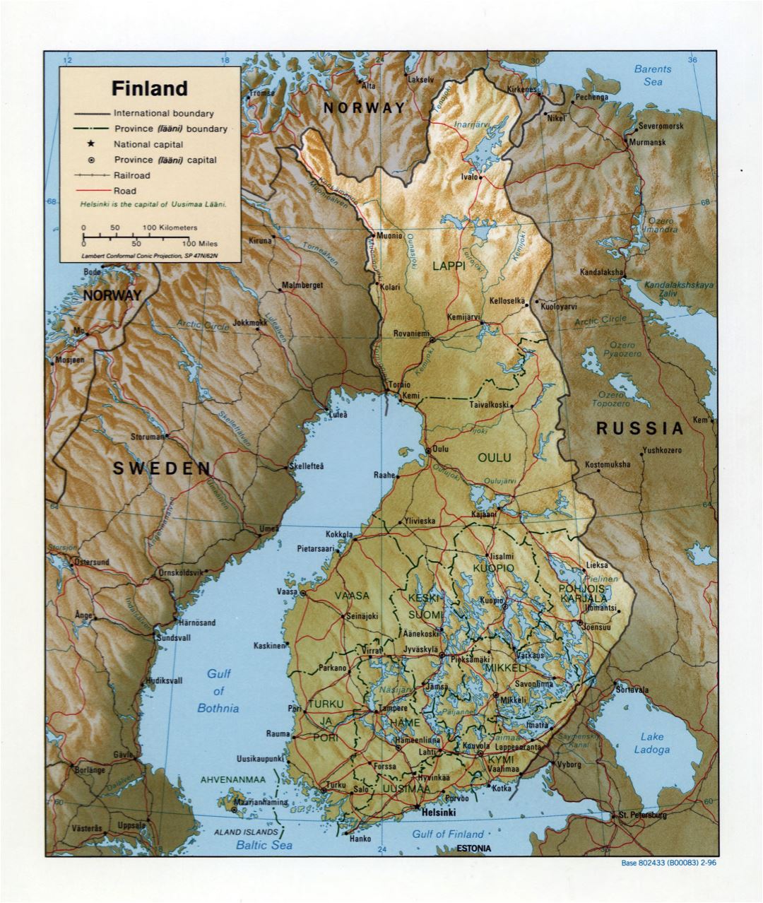 Mapa grande detallada política y administrativa de Finlandia con alivio - 1996