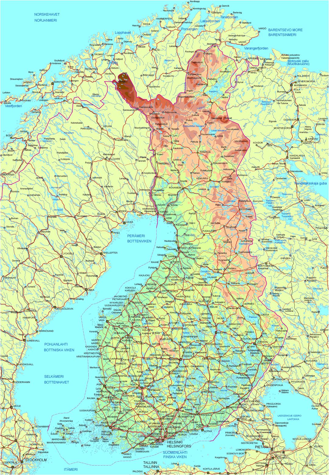 Mapa grande elevación detallada de Finlandia con las carreteras y ciudades