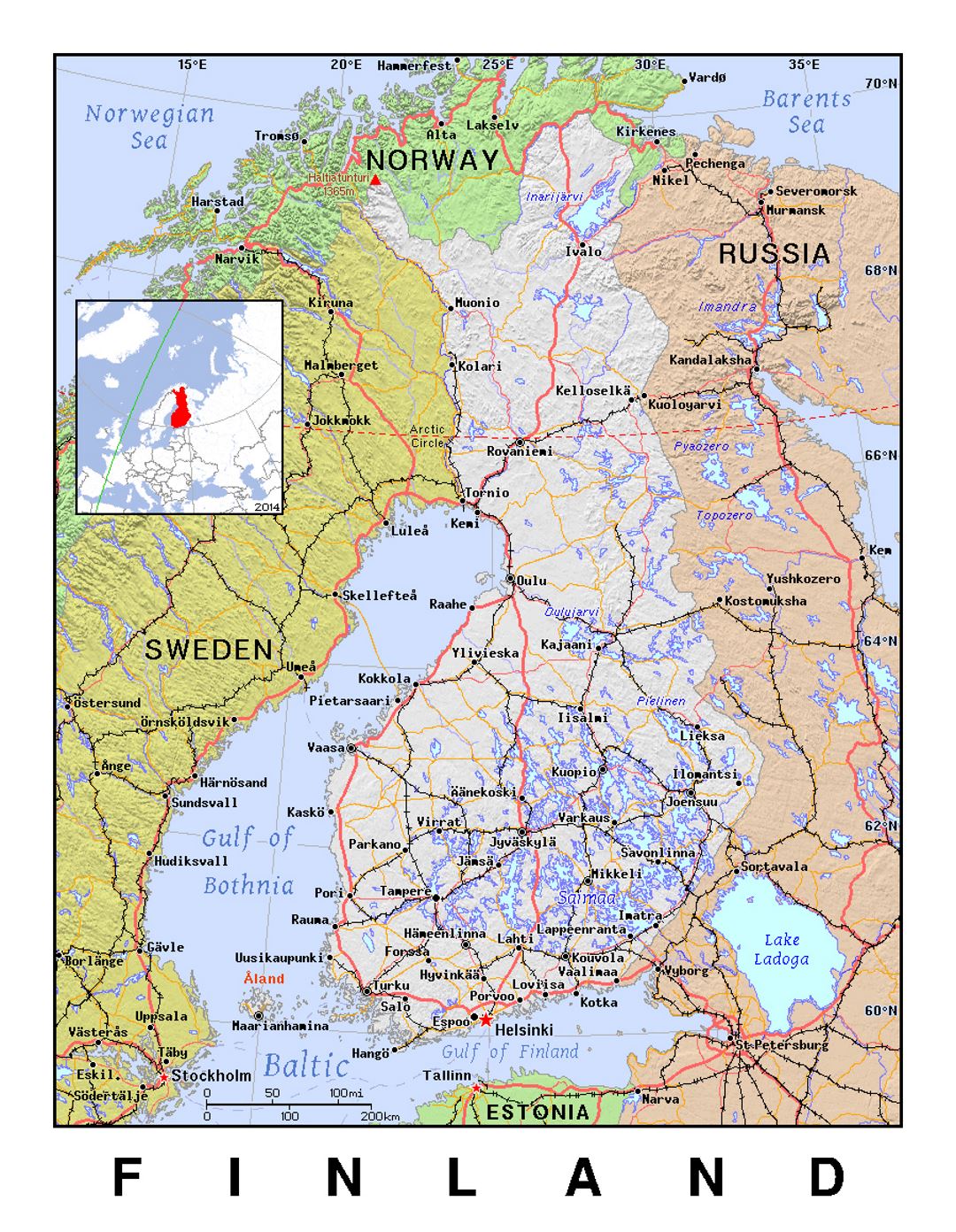 Mapa político detallada de Finlandia con alivio