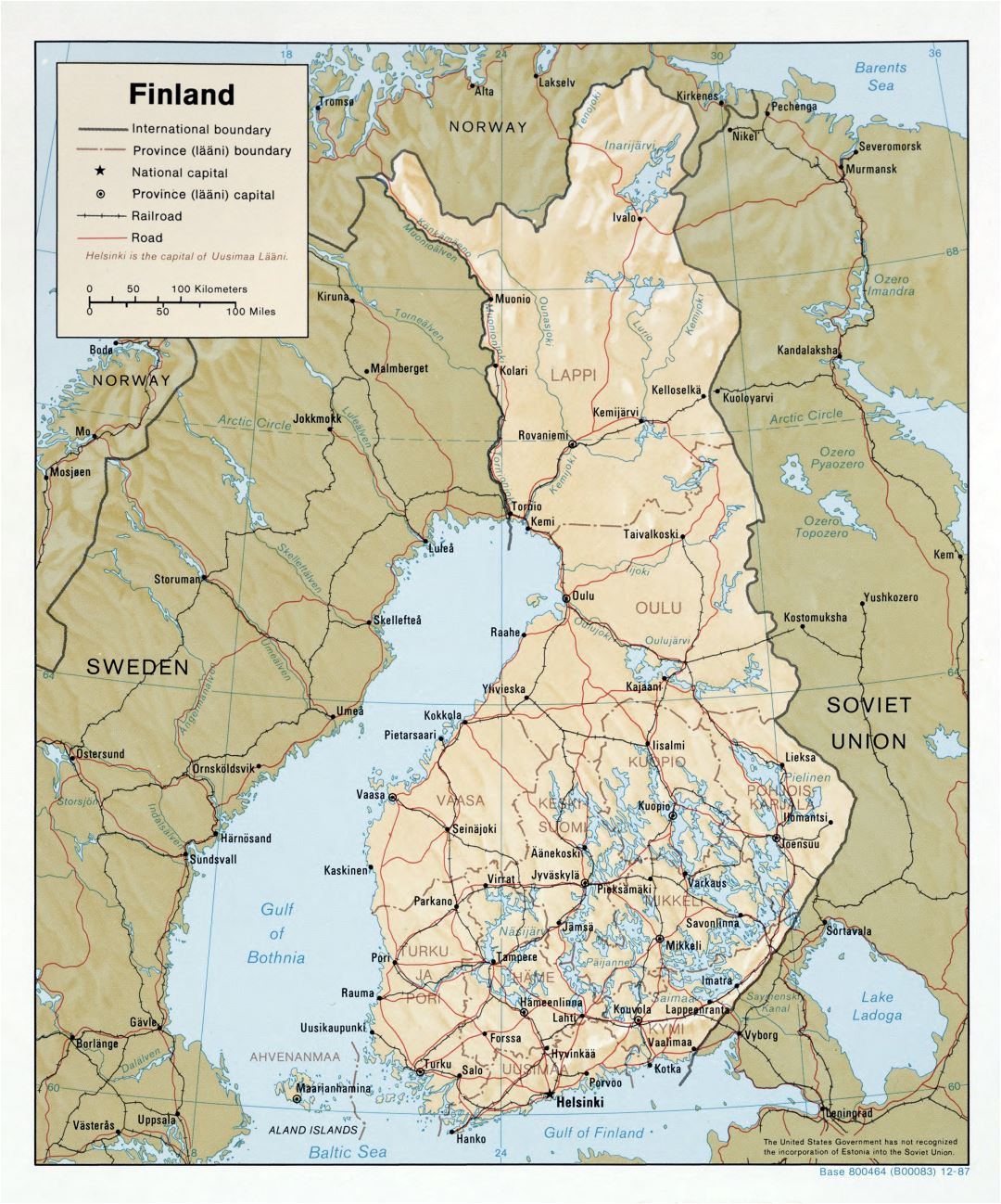 Mapa político y administrativo a gran escala de Finlandia con alivio, las carreteras y las principales ciudades - 1987