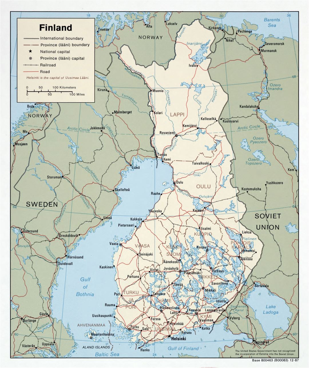 Mapa político y administrativo a gran escala de Finlandia con las carreteras y las principales ciudades - 1987