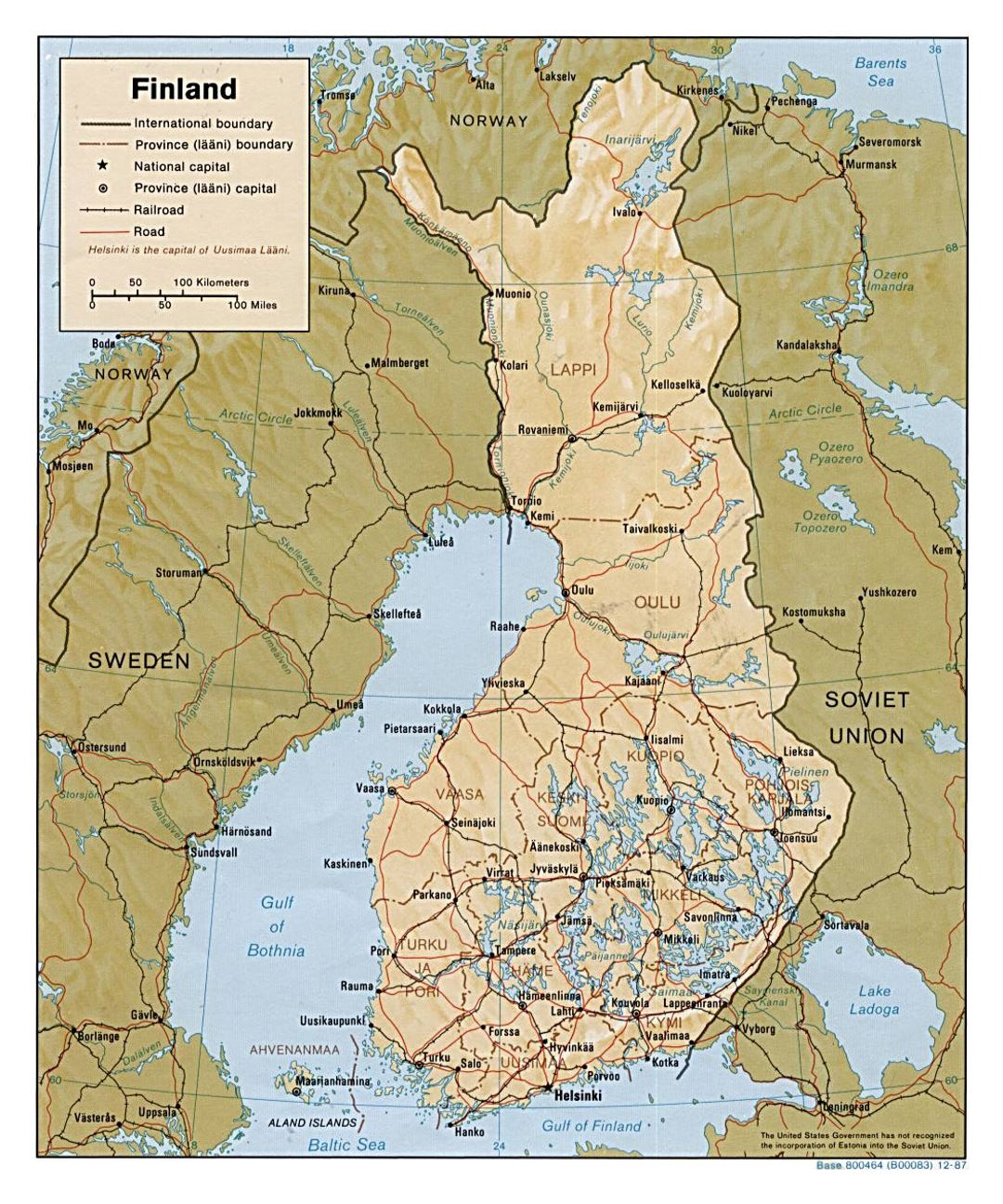 Mapa político y administrativo detallada de Finlandia con alivio, caminos y ciudades - 1987
