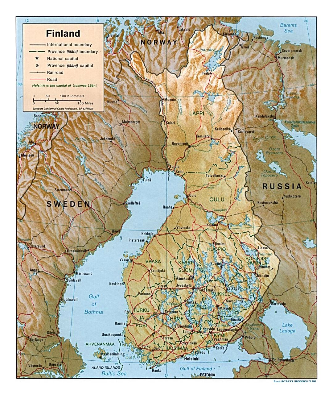 Mapa político y administrativo detallada de Finlandia con alivio, caminos y ciudades - 1996