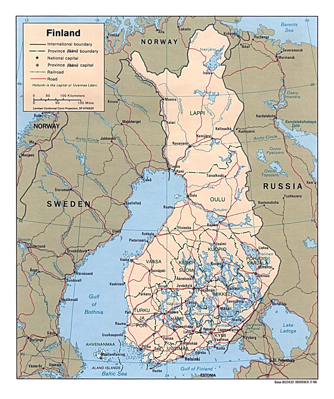 Mapa político y administrativo detallada de Finlandia con las carreteras y ciudades - 1996