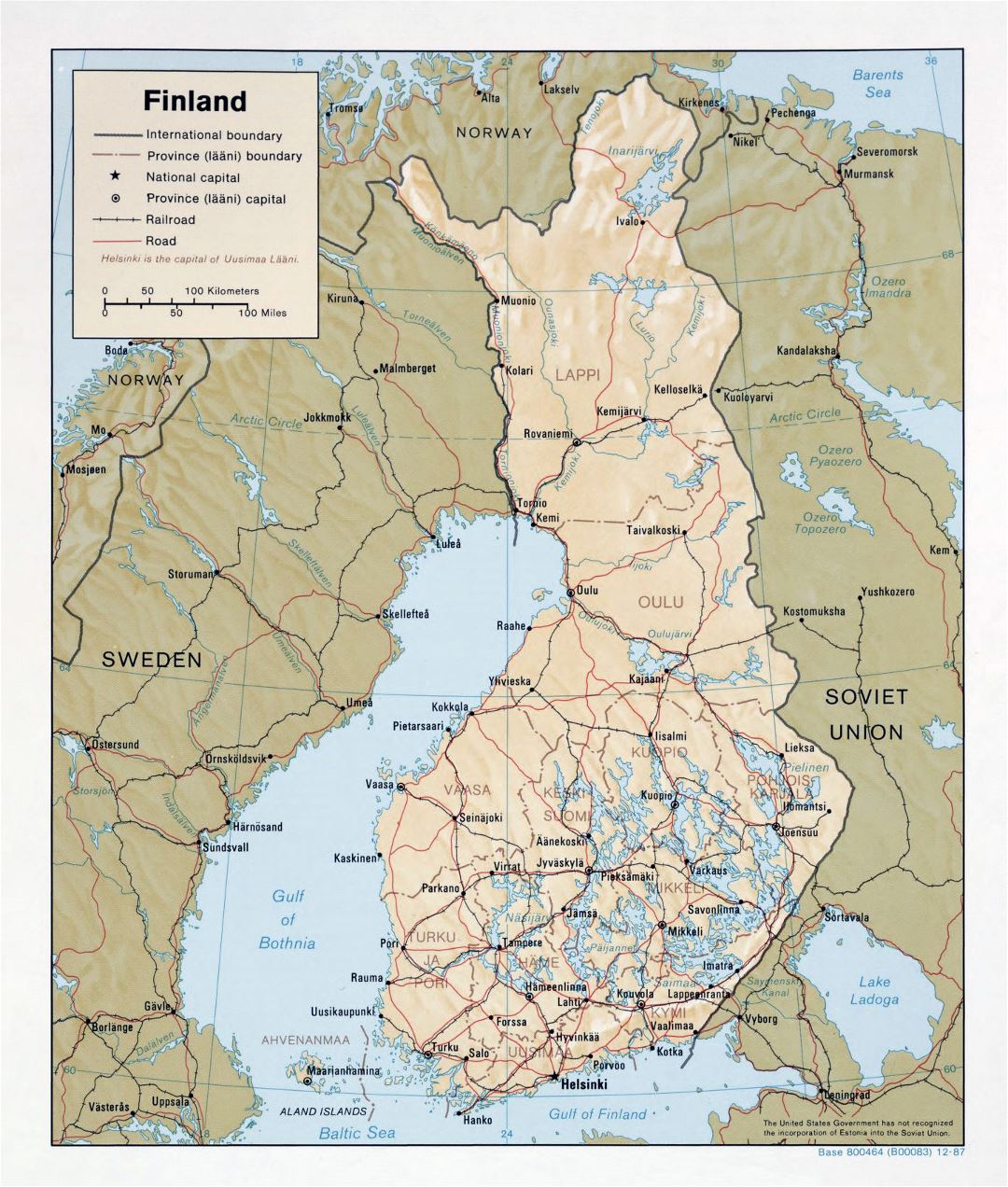 Mapa político y administrativo grande de Finlandia con alivio, caminos y ciudades - 1987
