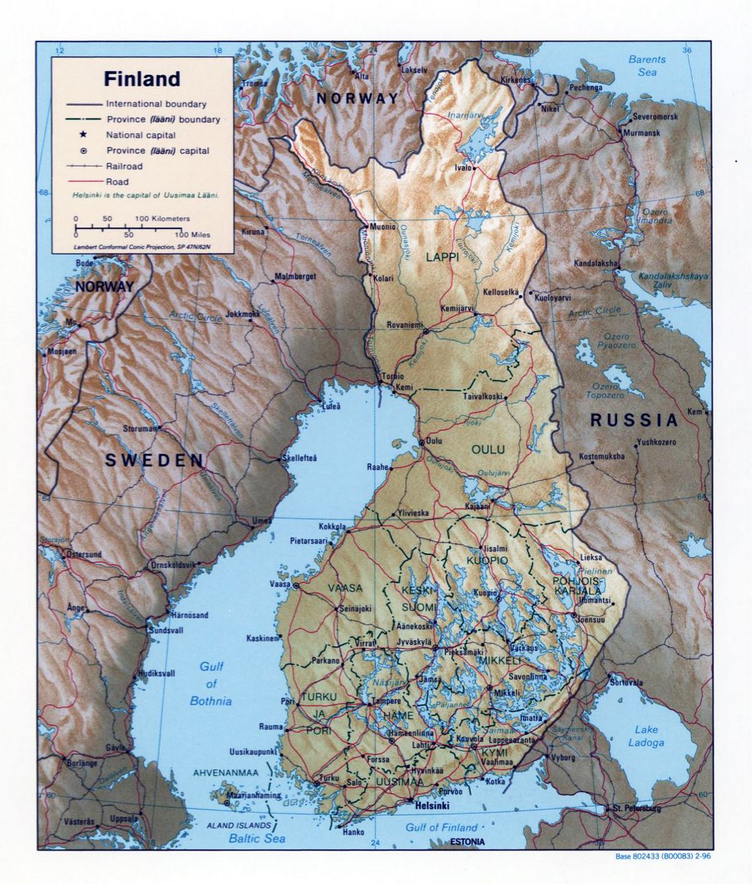 Mapa político y administrativo grande de Finlandia con alivio, caminos y ciudades - 1996
