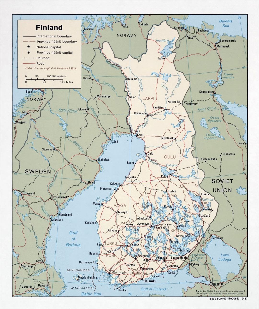 Mapa político y administrativo grande de Finlandia con las carreteras y ciudades - 1987