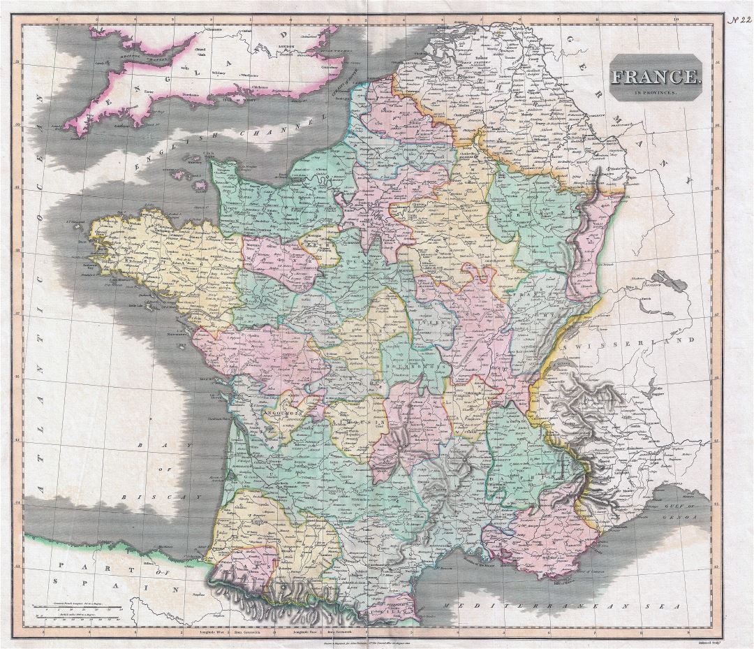 Ampliación de la escala del mapa político y administrativo antigua de Francia - 1814
