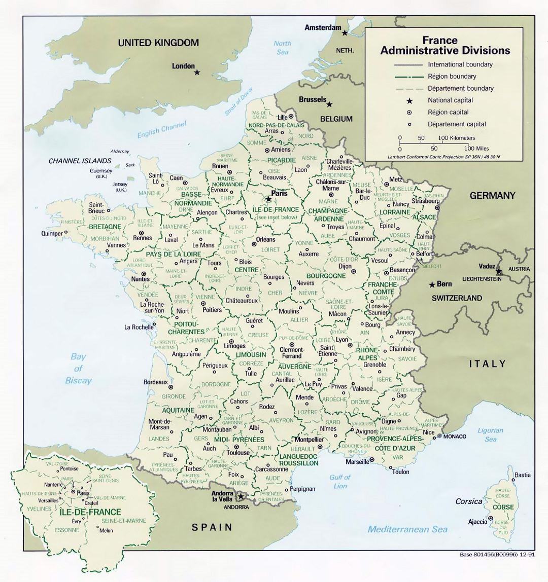 Ampliación de las divisiones administrativas mapa de Francia - 1991