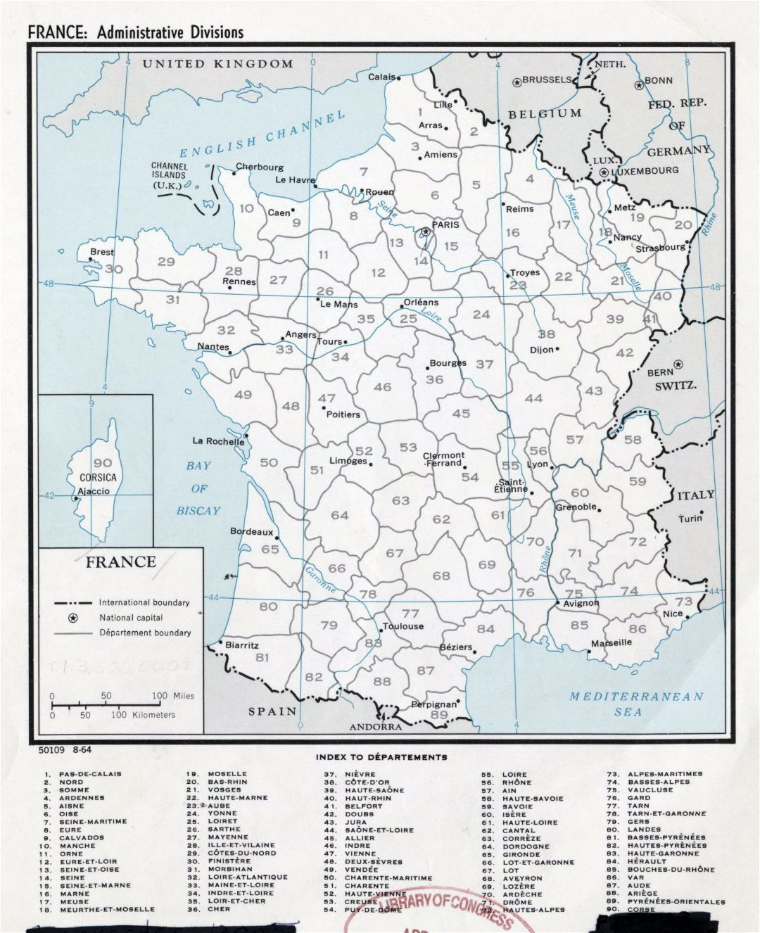 Gran detalle divisiones administrativas mapa de Francia - 1964